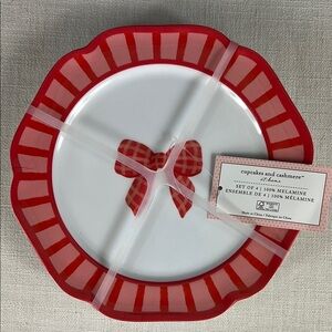 Cupcakes and Cashmere Bow Melamine Salad Plates Pink Red Set of 4 Patterns NEW